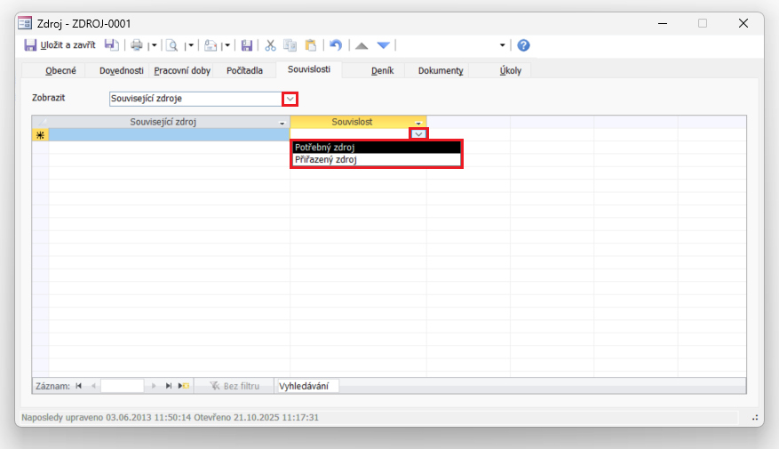 Agenda Zdroje podporuje dva typy souvislostí mezi zdroji: Potřebný zdroj a Přiřazený zdroj Agenda Zdroje podporuje dva typy souvislostí mezi zdroji: Potřebný zdroj a Přiřazený zdroj