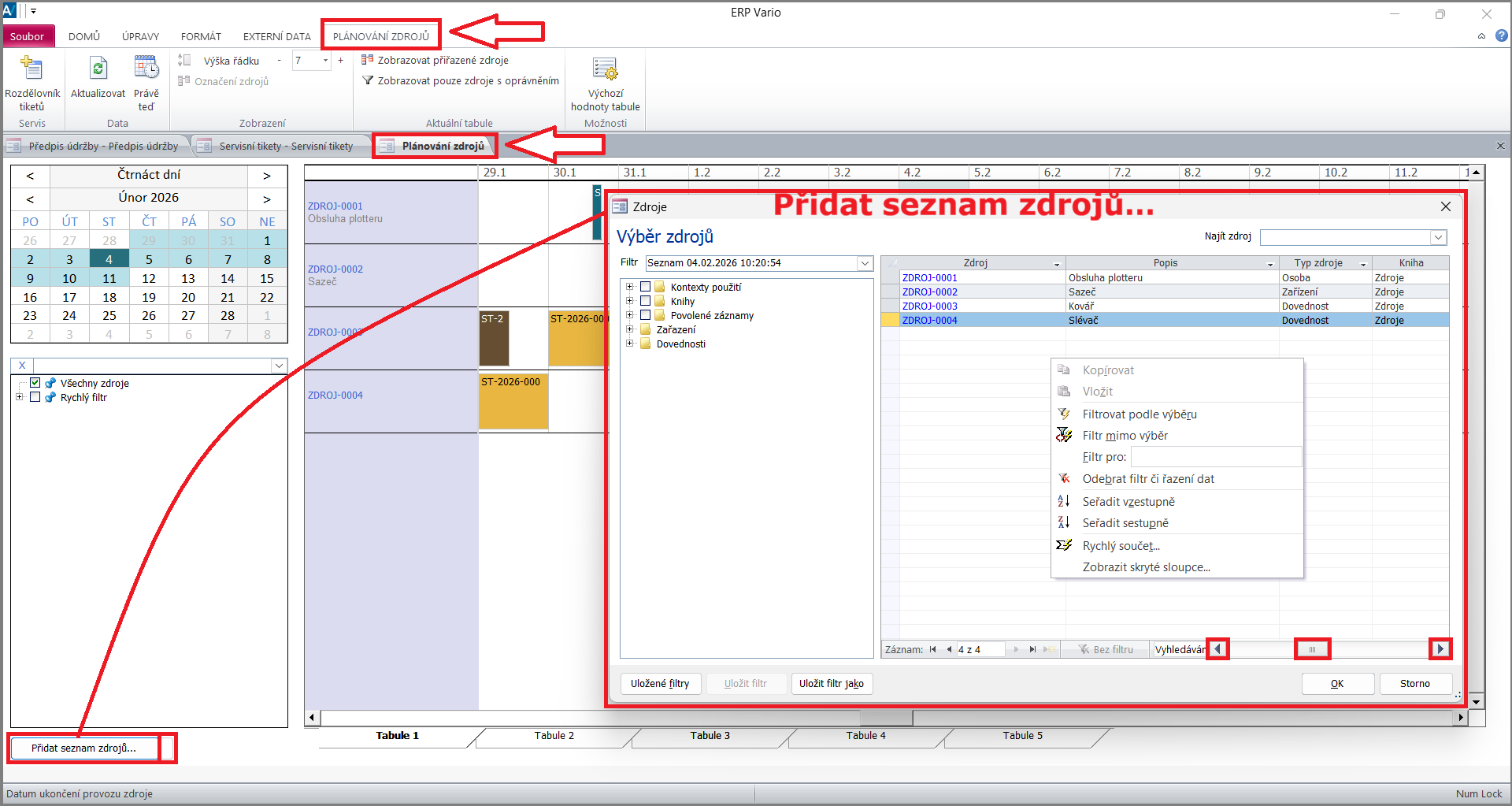Ribbon a okno Plánování zdrojů – funkce Přidat seznam zdrojů Ribbon a okno Plánování zdrojů – funkce Přidat seznam zdrojů