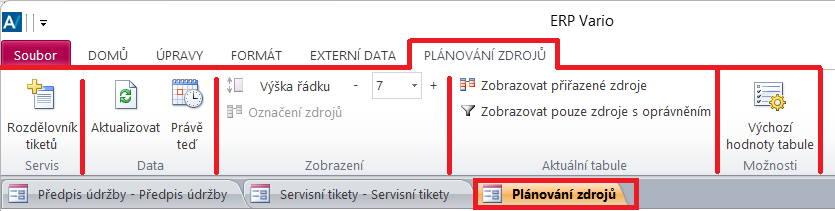 Karta Plánování zdrojů v ribbonu Varia Karta Plánování zdrojů v ribbonu Varia
